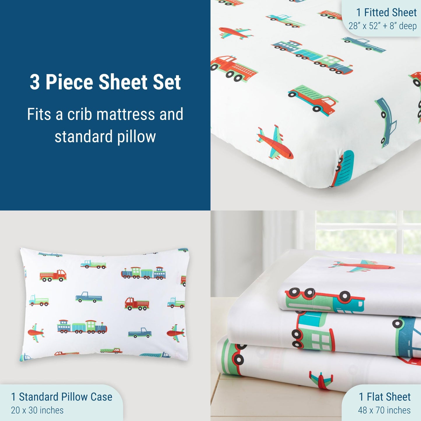 Wildkin Kids 100% Cotton Toddler Sheet Set For Boys & Girls, Bedding Set Includes Top Sheet, Fitted Sheet, Standard Pillow Case,