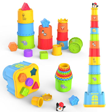 MOONTOY Baby Stacking Cups, Stacking Toys for Toddlers 1-3 Infant Stackable Block 19PCS Colorful Nesting Cups Shape Sorter Bath 