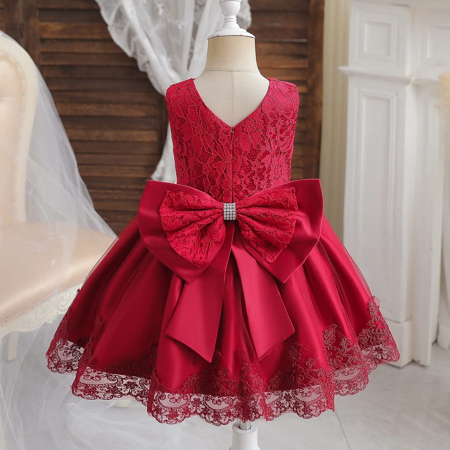 Nnjxd Baby Girls Lace Dress Bowknot Flower Dresses Wedding Pageant Baptism Christening Tutu Gown Size (80) 6-12 Months #Red