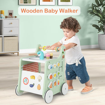 HONEY JOY Baby Push Walker, 6-in-1 Wooden Play Kitchen Walker Activity Center w/Shape Sorter, Develop Motor Skills & Creativity,