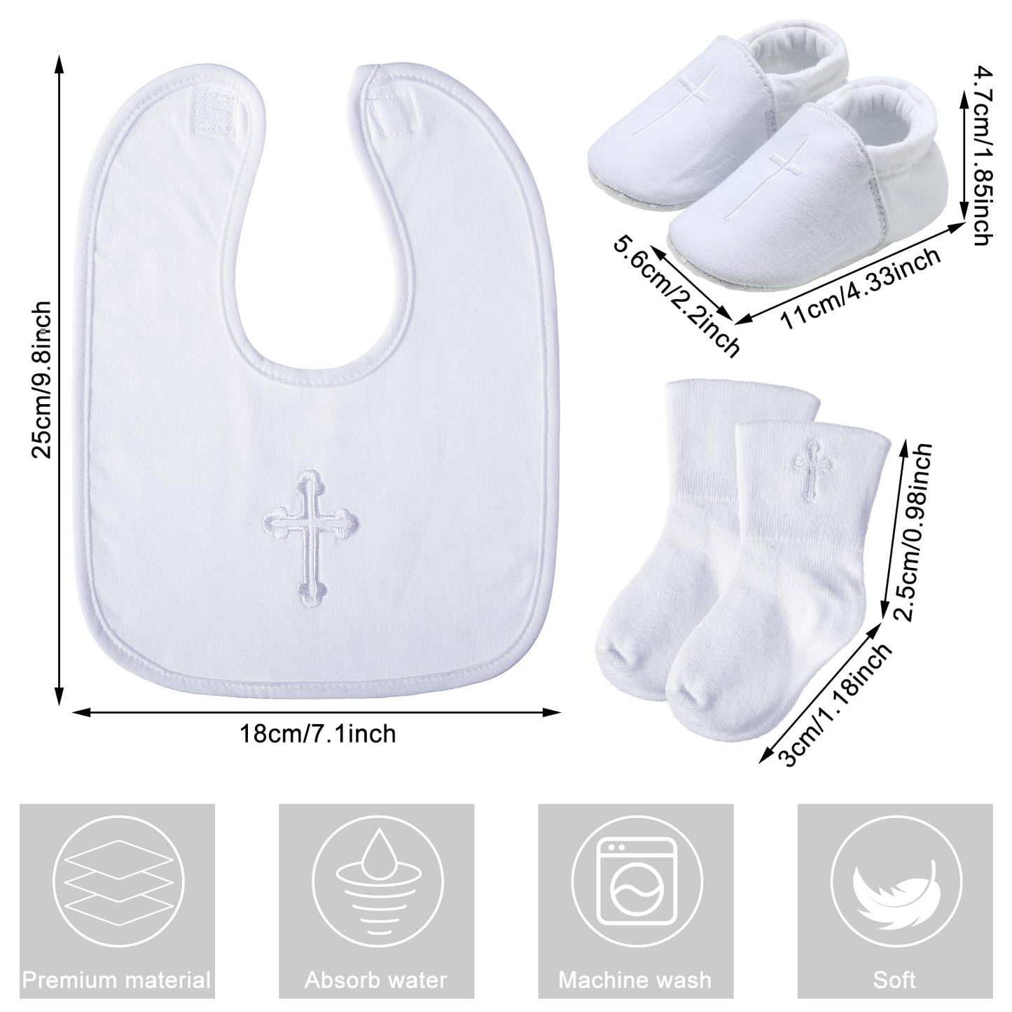 Hicarer 5 Pcs Baptism Gifts For Boys Girls Including White Embroidered Cross Bib Christening Shoes And Socks For Baby Infant Tod
