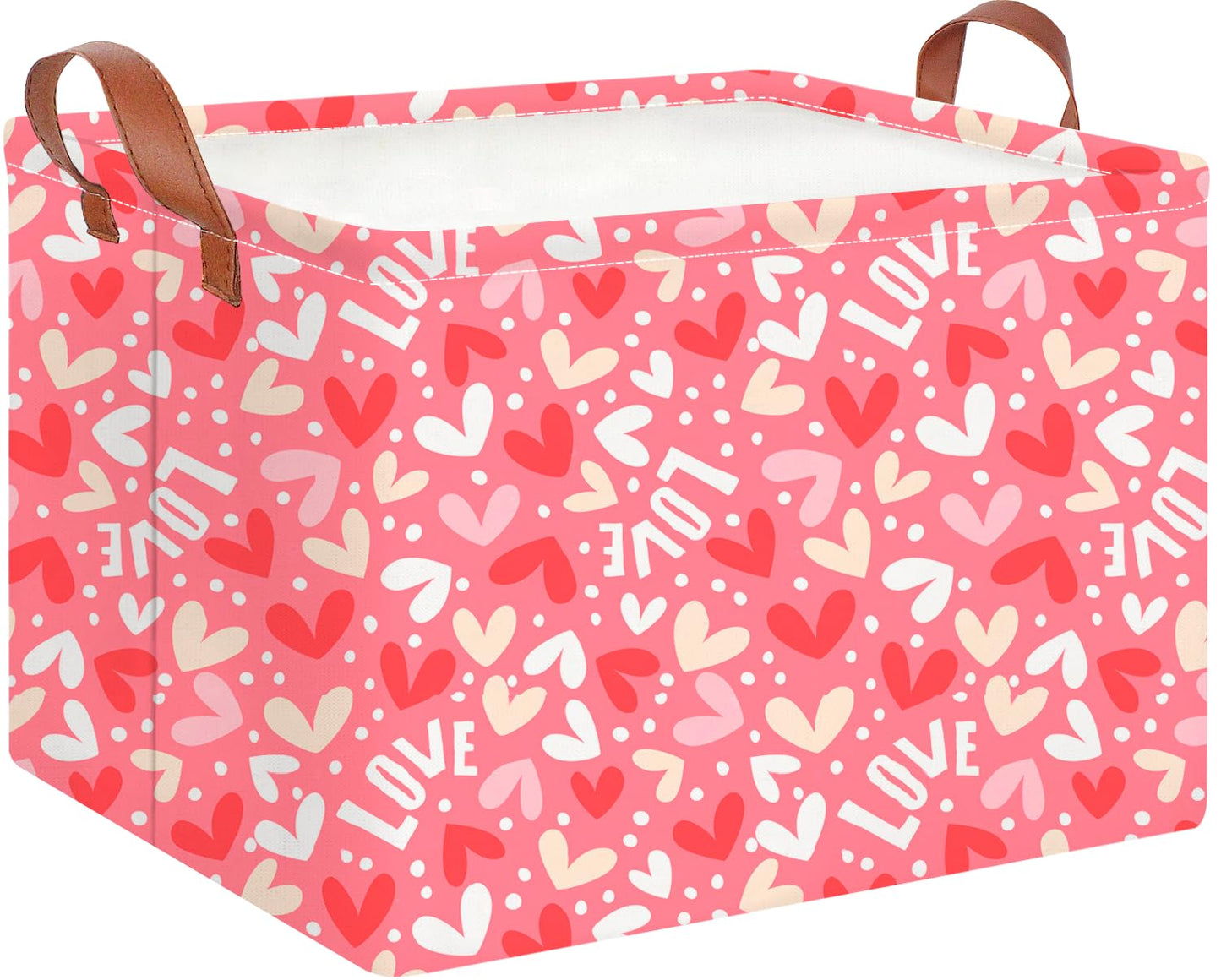 CLOCOR Rectangular Valentines Day Basket,Pink Heart Print Gift Basket,Collapsible Fabric Storage Container(Full Love)