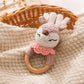 Wooden Baby Rattle,Crochet Deer Rattle with Wood Ring, Newborn Wooden Animal Rattle Toy,Infant Pink Deer Wood Rattle Toys