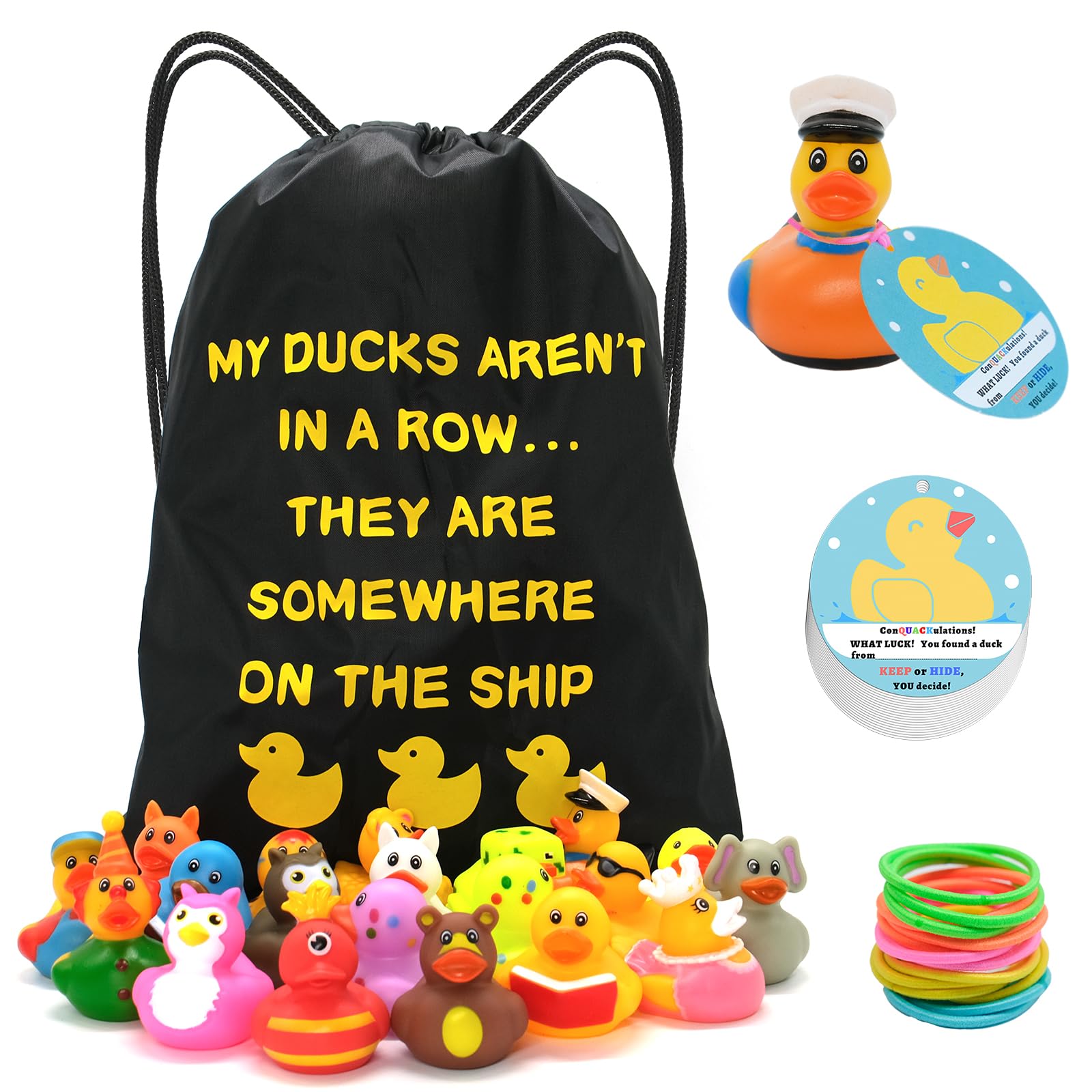 Rubber Duckies for Cruise, 61-Piece Cruise Ducking Kit with 20 Rubber Ducks, 1 Duck Bag, 20 Ducking Cards, and 20 Rubber Bands, 