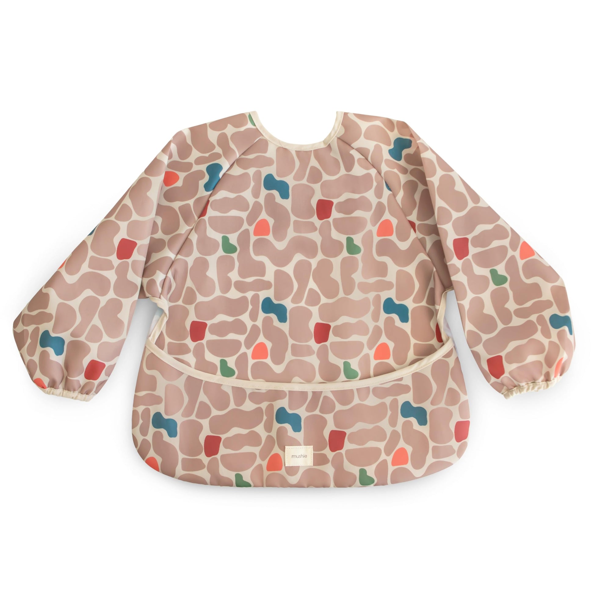 mushie Long Sleeve Baby Bib | Water Resistant Adjustable Fit for Ages 6-24 Months (Abstract Blob)