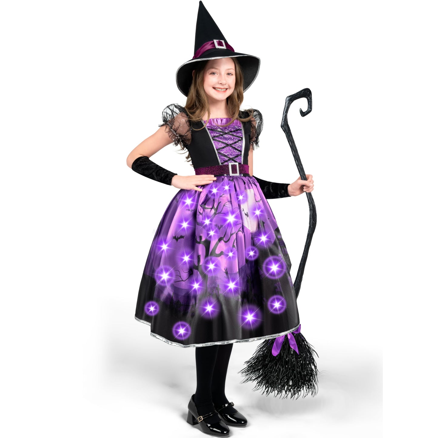 Spooktacular Creations Witch Costume For Girls, Purple Print Witch Costume, Light-Up Witch Halloween Costume Dress Up-M