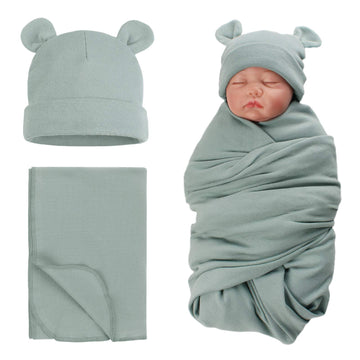 Pesaat Baby Swaddle Hat Set Bear Ears Boys Girls Beanie Newborn Baby Receiving Blanket Autumn Winter (Greyish Green(Hat+Swaddle)