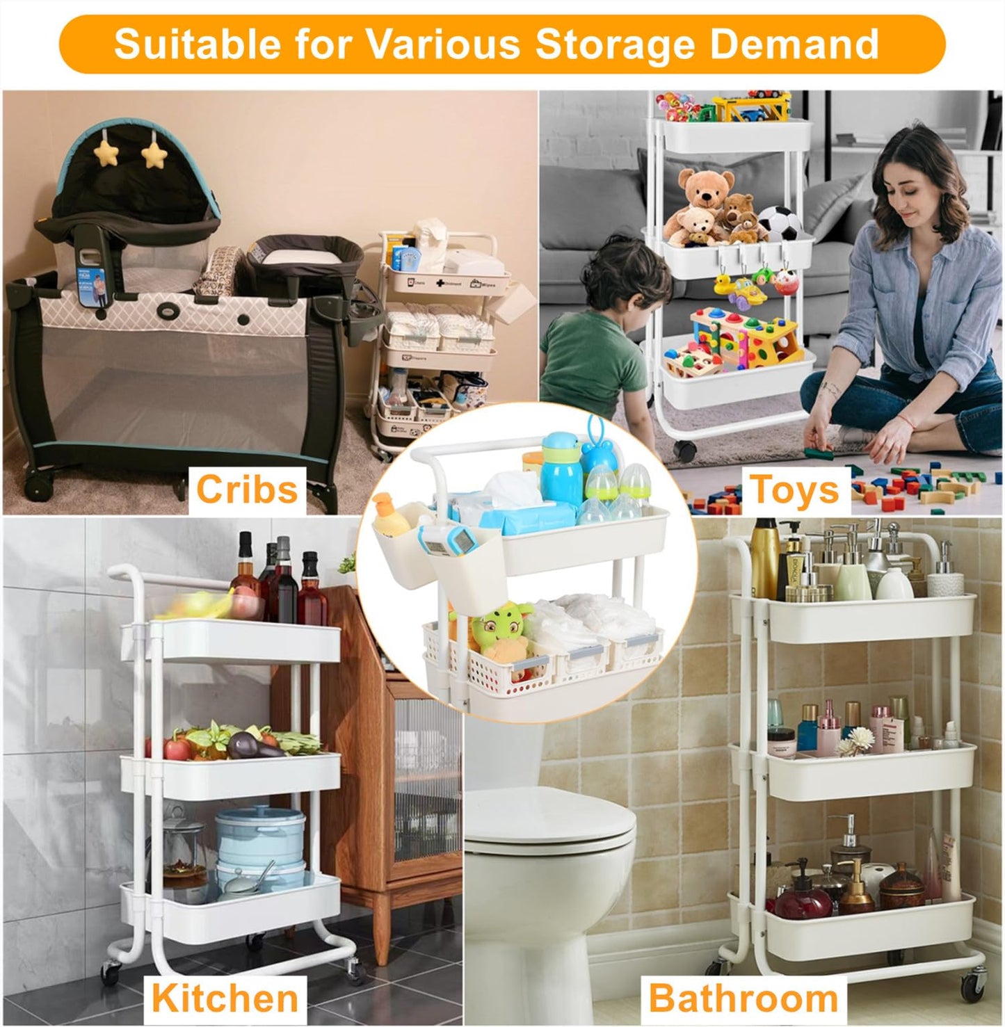 Jolead Baby Nappy Caddy Organiser Cart Movable, 3-Tier Sturdy Newborn Diaper Nursery Essentials Storage Basket For Changing Tabl