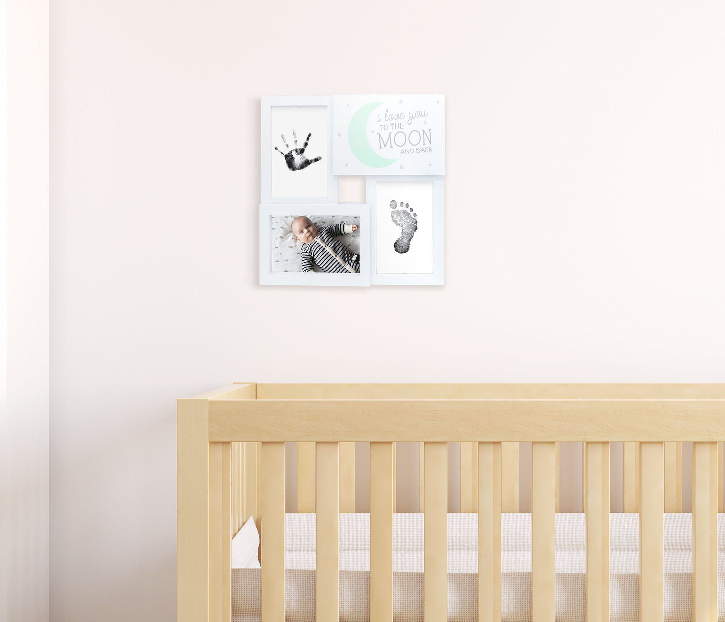 Tiny Ideas Baby Prints Collage Keepsake Frame With Included Ink Pad, Love You To The Moon And Back, Mint/White/Black, 4' X 6'