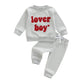 Lesimsam Toddler Baby Boy Valentines Outfit Lover Boy Embroidery Long Sleeve Waffle Knit Sweatshirt and Pants Set (Striped-Gray,