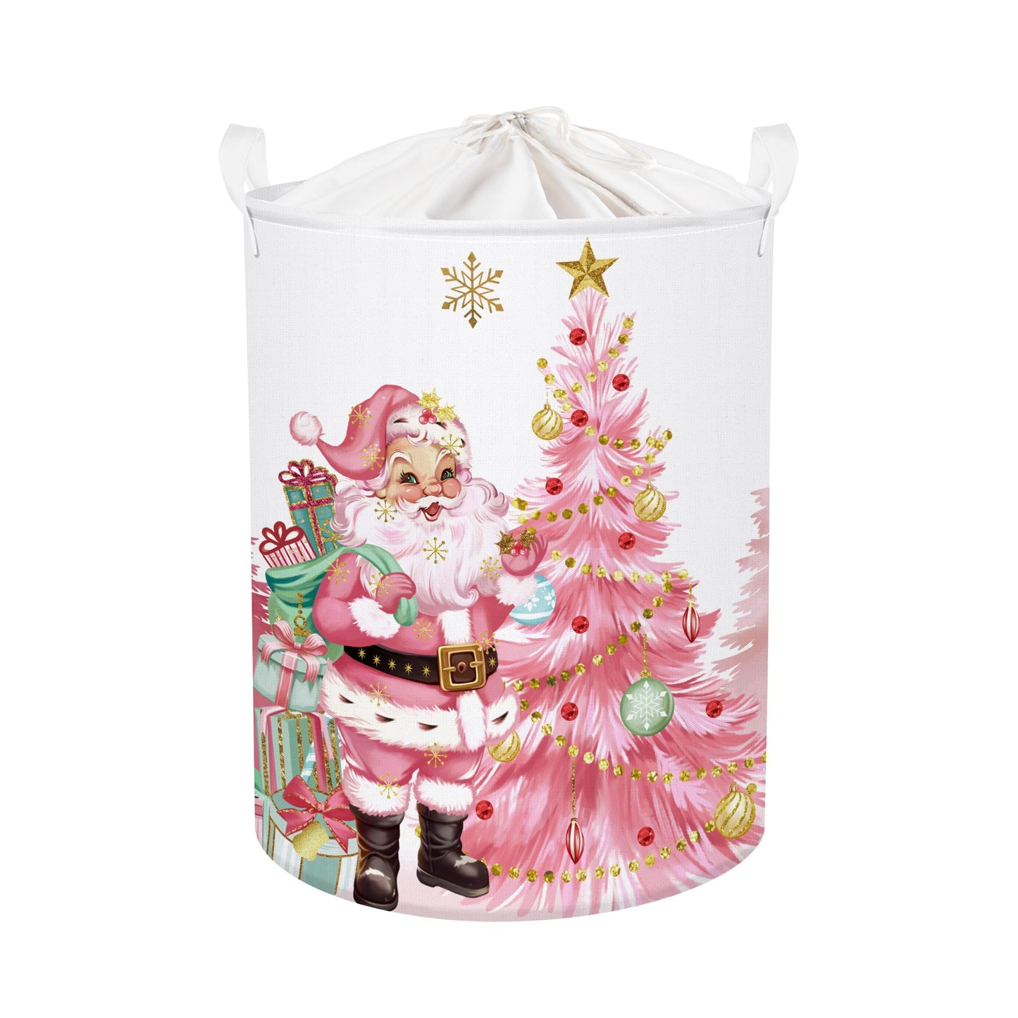 HUUMONSS Pink Santa Claus Baby Laundry Hamper Christmas Clothes Kids Storage Basket Large Poinsettia Reindeer Sleigh Snowflake G