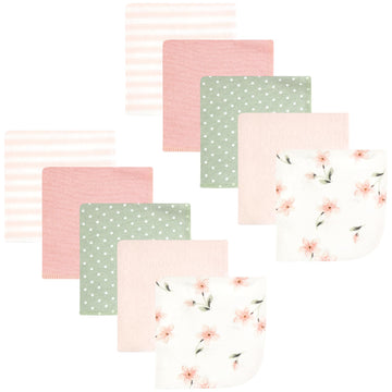 Hudson Baby Unisex Baby Flannel Cotton Washcloths, Pink Dainty Floral 10 Pack, One Size