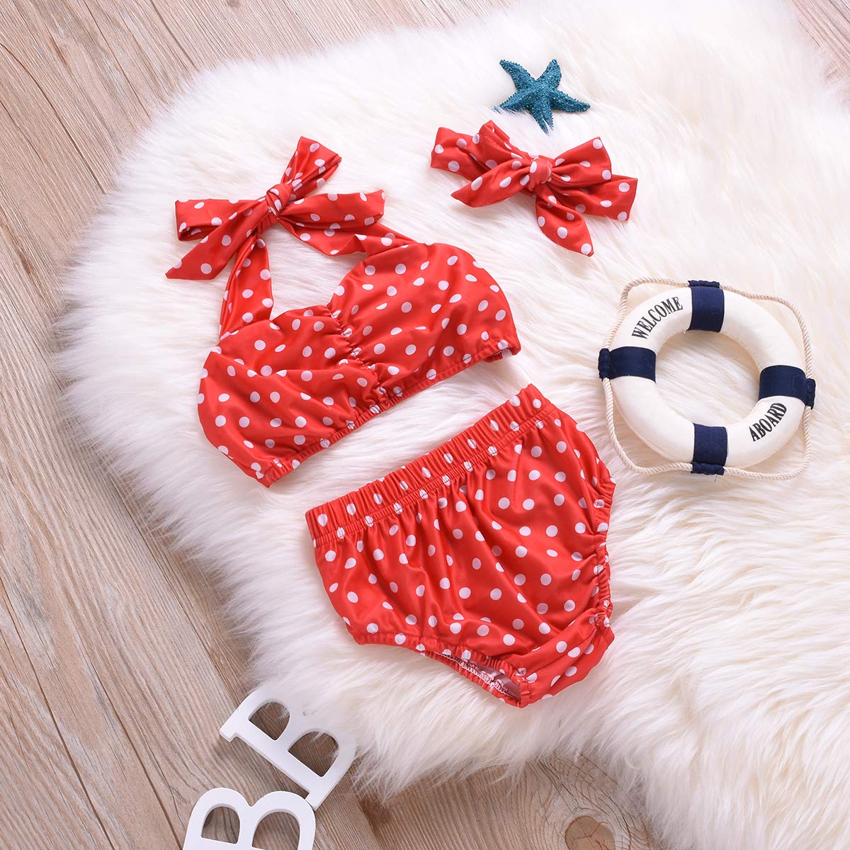 Baby Girl Bikini,Kids Toddler Polka Dot Swimsuits Halter Swimwear Bikinis Set With Headband (Red, 3-6 Months)