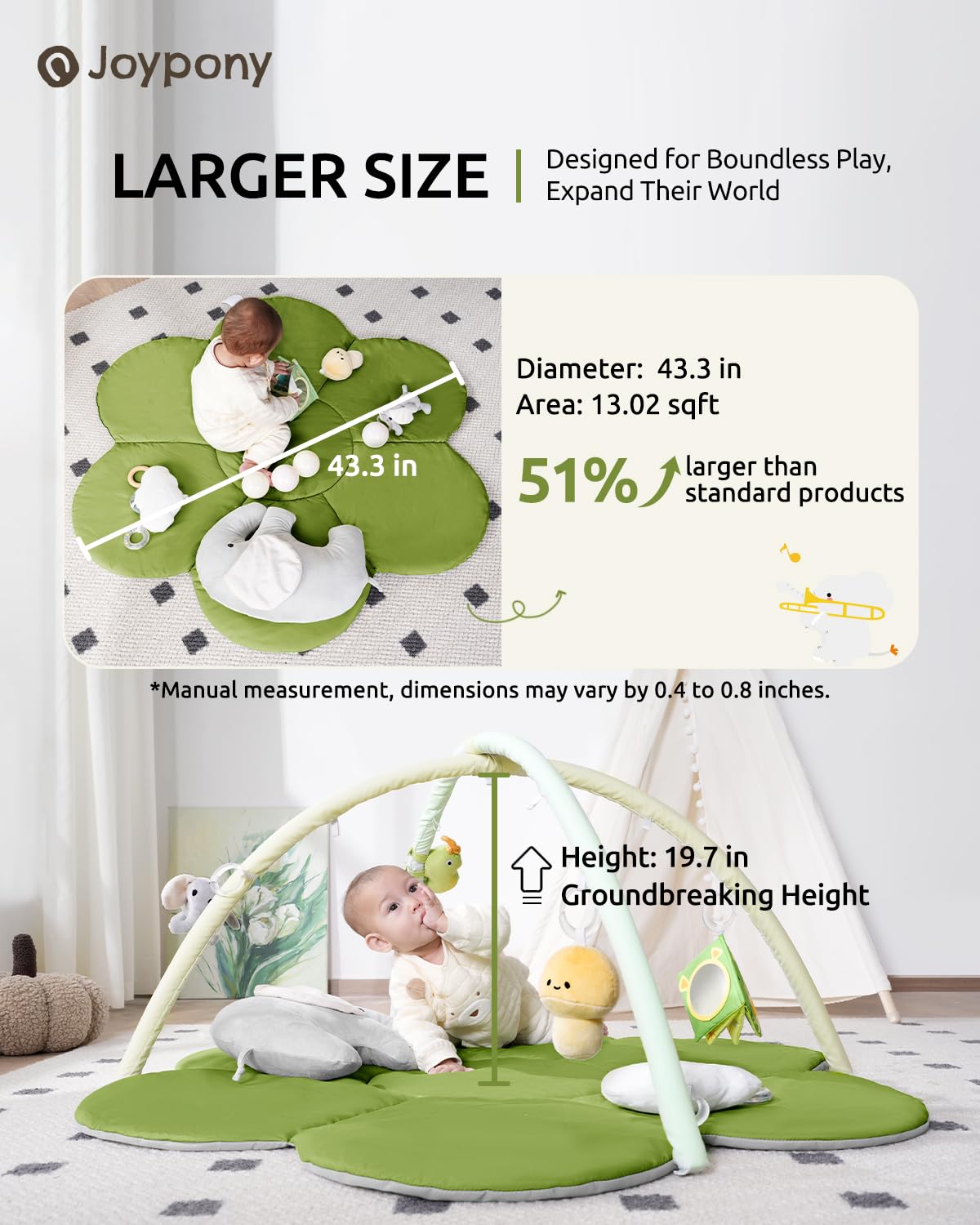 Joypony Baby Play Gyms Mat, Larger Tummy Time Mat With Pillow, Mirror & 5 Sensory Toys, Activity Mat For Babies 0-18 Months, Eas
