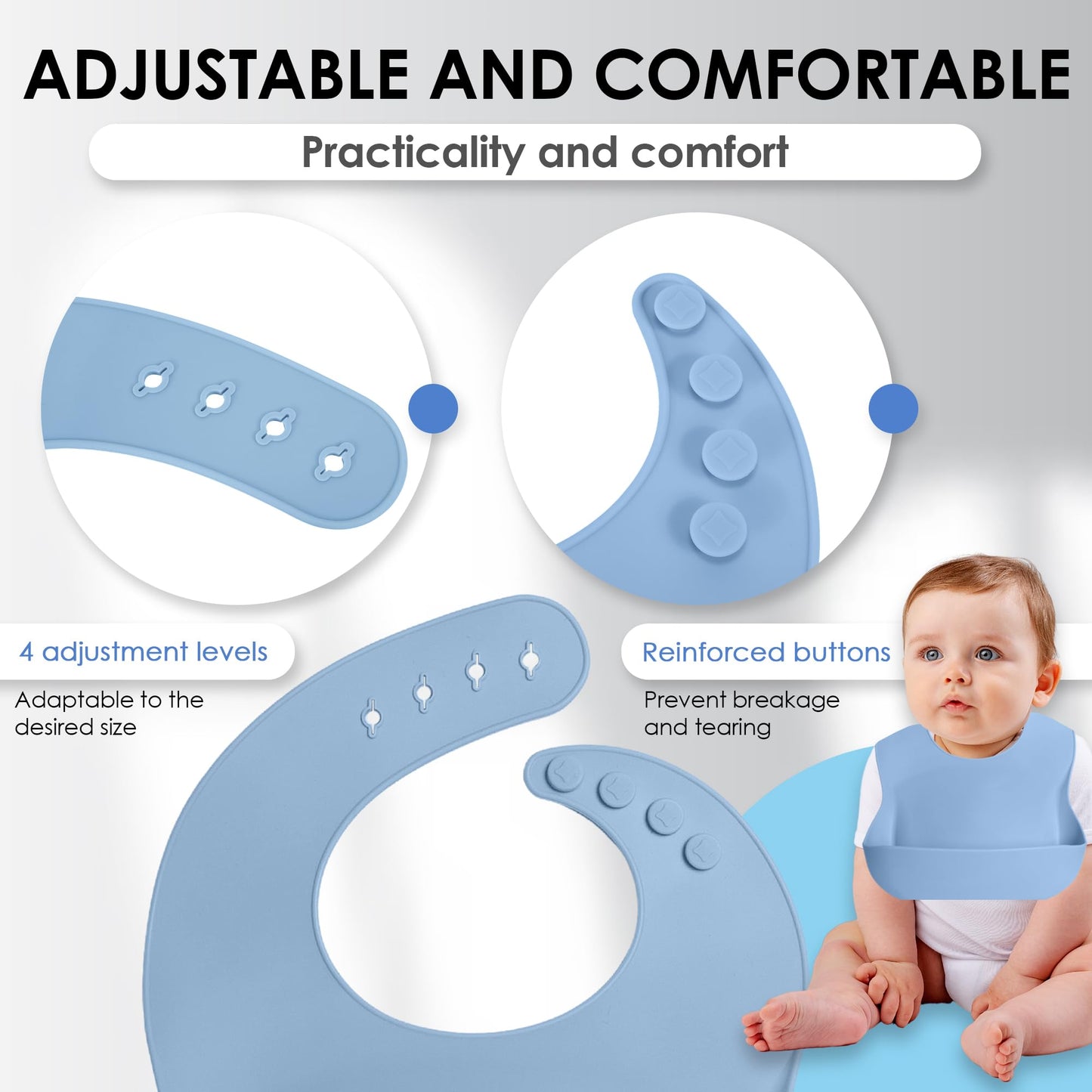 Bluet B - Set Of 3 Waterproof Silicone Baby Bibs - Bpa Free Silicone Baby Bib - Flexible And Soft - Adjustable And Portable With