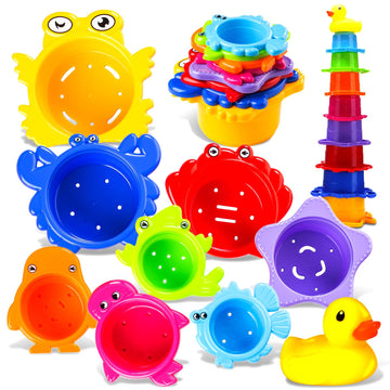 Stacking Cups Bath Toys for Toddlers, Rainbow Bath Cups for Baby 1-3 Years Old, Safe Infant Nesting Cups with Rubber Duckie for 