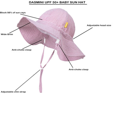 Dasmini Baby&Toddler Stripe Wide Brim Sun Hats Upf 50+ Sun Protection Beach Bucket Cap Cute Adjustable Hat (Red Checkered, 6-24M