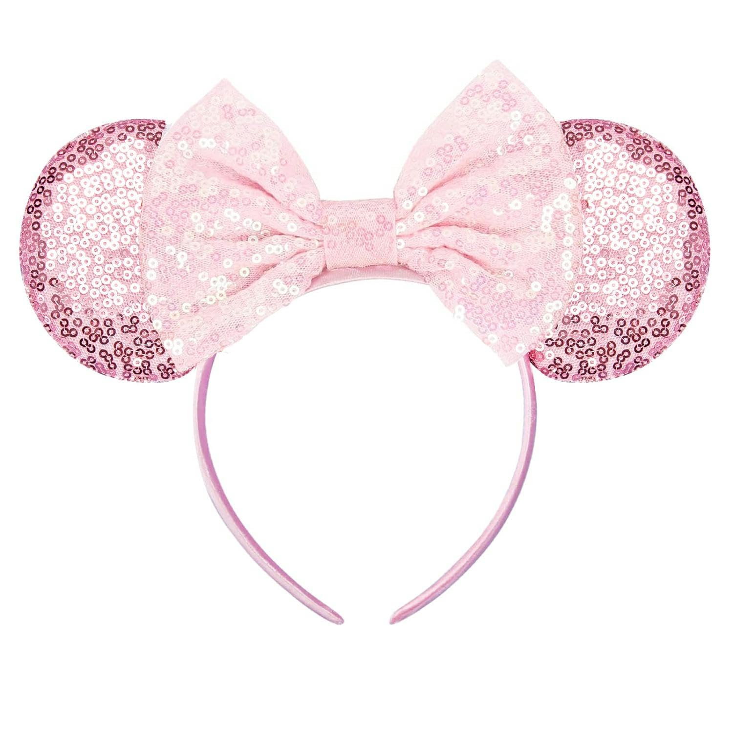 Eisyaa Minnie Ears Headbands, Sequin Mouse Ears With Pink Bow Glitter Party Princess Decoration Cosplay Costume