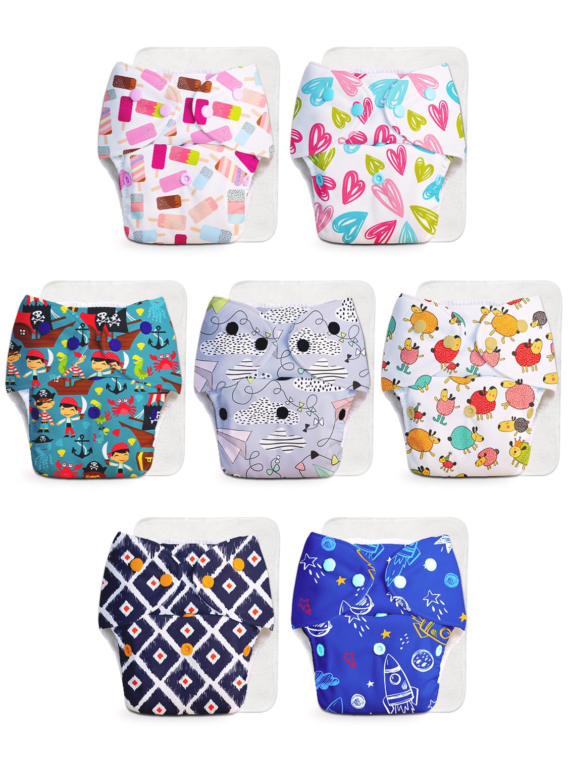 Superbottoms Basic LeakageProof Advanced Cloth Diapers For Babies, High Absorbent 100% Cotton 7 Reusable Diaper And 7 Insert Pa