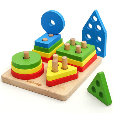 Coogam Wooden Sorting Stacking Montessori Toys, Shape Color Recognition Blocks Matching Puzzle, Fine Motor Skill Educational Pre
