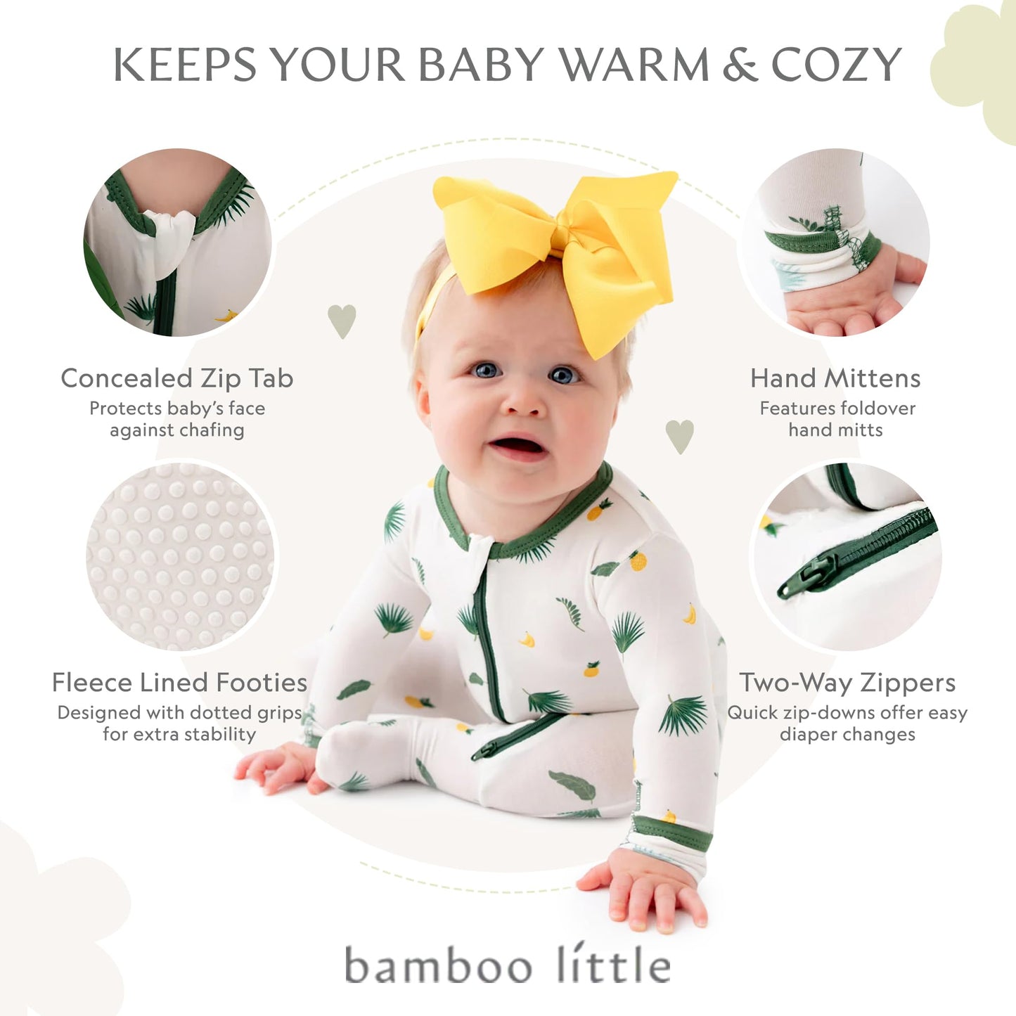 Tropical Palms Footie For Baby - 95% Viscose From Bamboo, 5% Spandex - Soft Newborn Sleepwear, Baby Pajamas, Unisex Baby Clothes