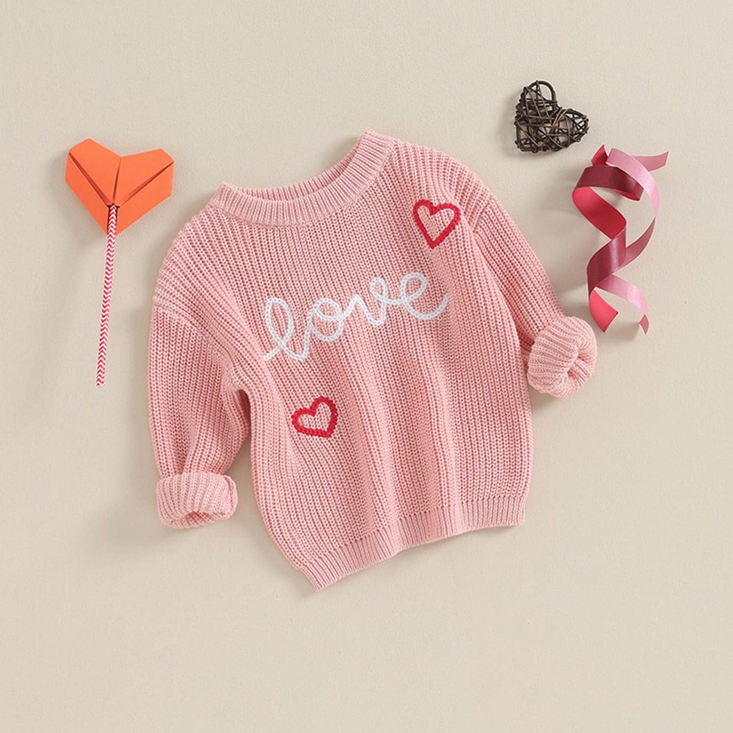Baby Girl Cute Long Sleeve Crew Neck Love Embroidery Sweater Toddler Valentine Day Outfits (Pink Love Heart, 3-4 Years)