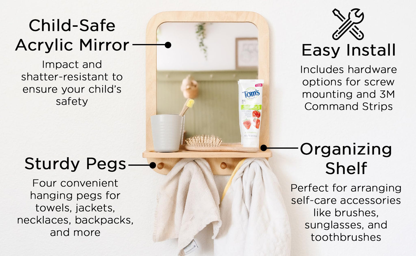Montessori Wooden and Acrylic Wall Mirror with Hooks for Toddlers - Entryway Mirror with Hooks and Shelf Organizer Self-Care Sta