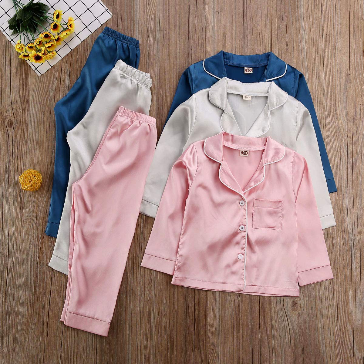 Toddler Baby Kids Satin Pajamas Set, Long Sleeve Button-Down Sleepwear Pjs For Girls (4T, A-Pink)