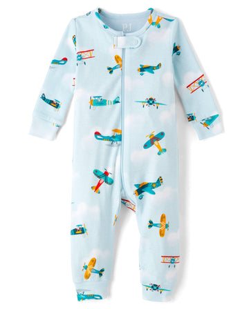 The Children'S Place,Baby Boys,And Toddler Long Sleeve 100% Cotton Zip-Front One Piece Footed Pajamas,Blue Planes,3 Years