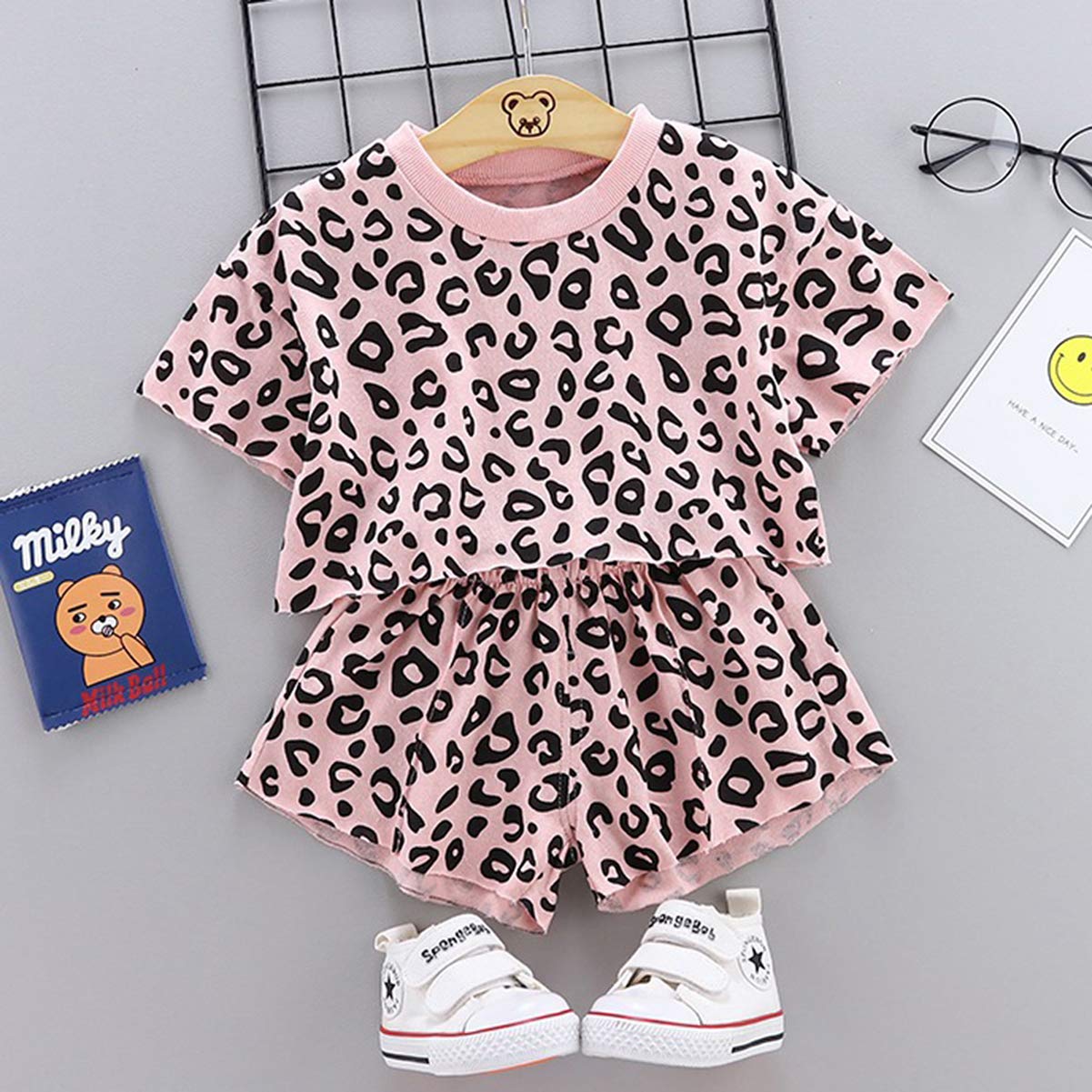 Toddler Baby Girls Leopard Print Summer Clothes Set T-Shirt And Short Pants 2Pcs Outfits (1-Pink, 1T)