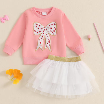 Toddler Baby Girl Valentine'S Day Outfit Love Heart Bow Sweatshirt And Tulle Tutu Skirts Little Girls Spring Clothes (Pink, 3-4T