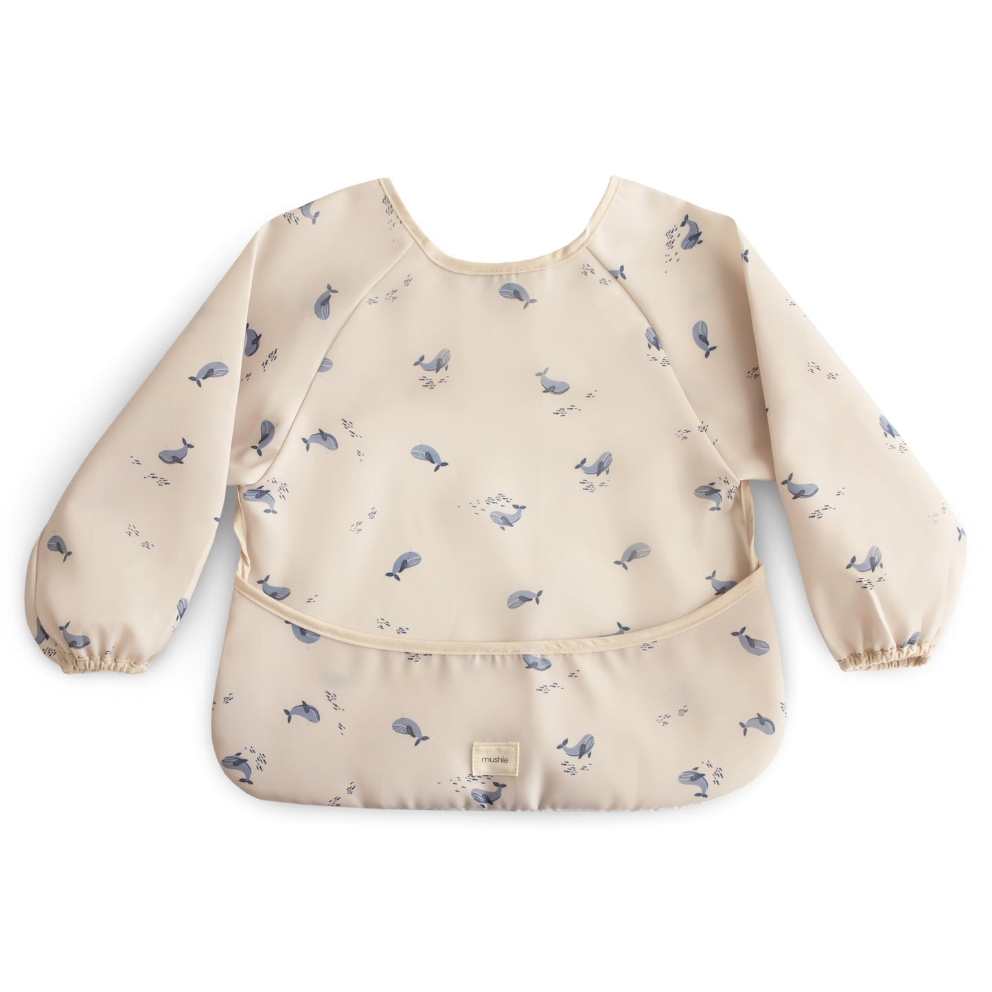 mushie Long Sleeve Baby Bib | Mess Free & Waterproof Fabric for Toddlers | Adjustable Fit for Ages 6-24 Months (Whales)
