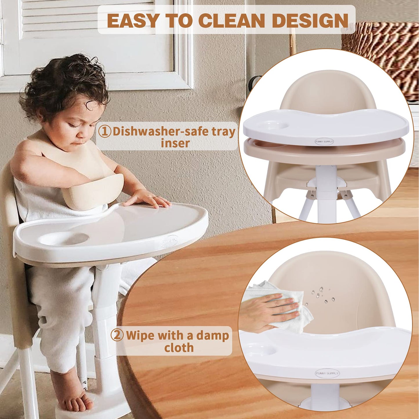 Funny Supply 3-In-1 Cute Folding High Chair, Perfect Modern Space Saving Highchair With Detachable Double Tray, 3-Point Harness,