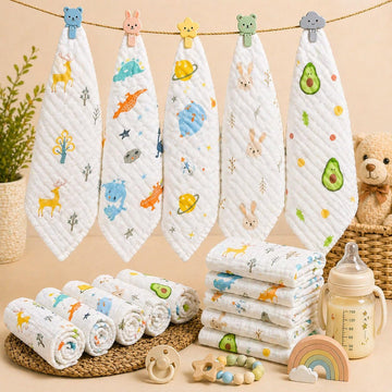 Muslin Cloth For New Born Baby  6 Layer Cotton Face Towels (Pack Of 5) | Extra Soft Baby Napkins & Burp Cloths For Infant, Todd