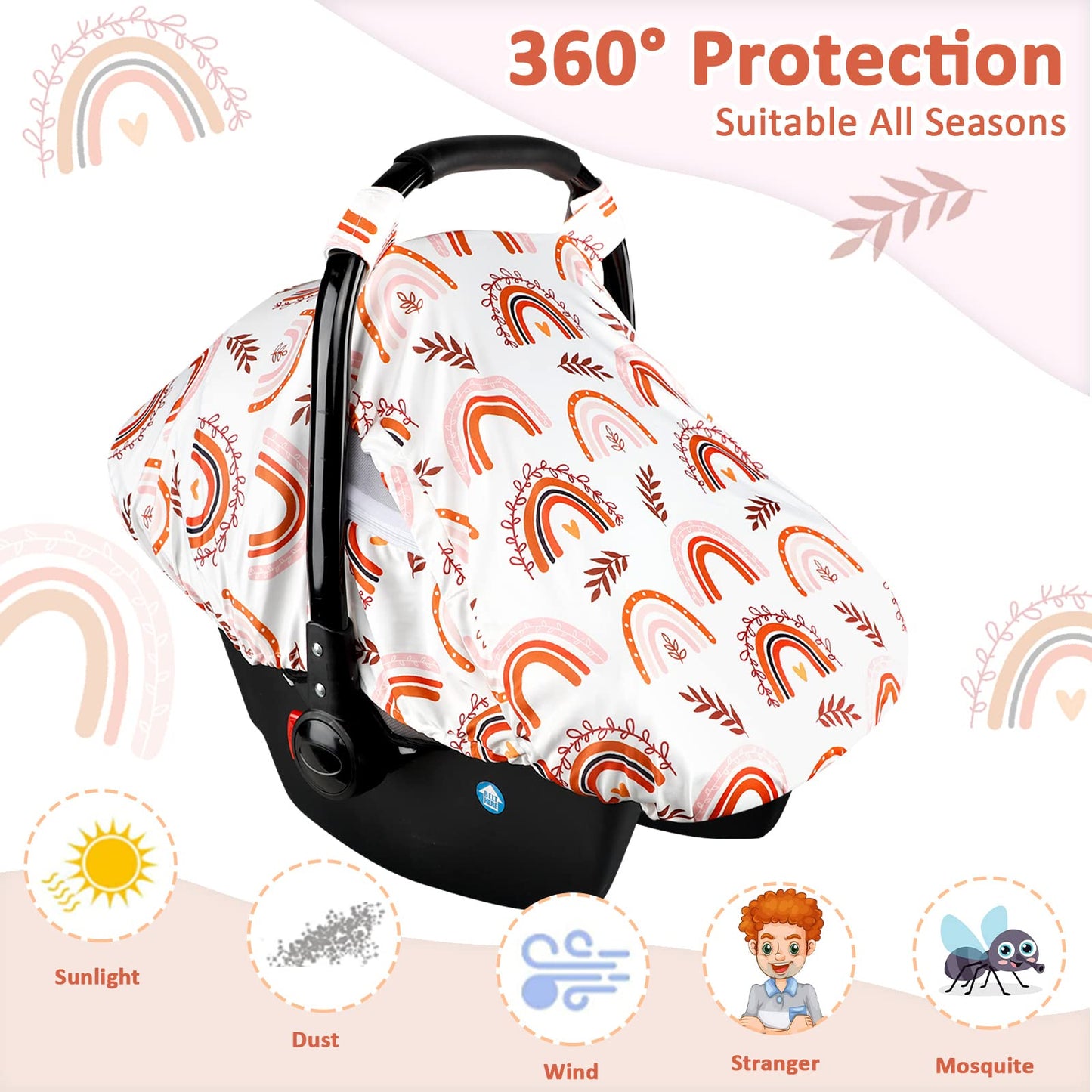 Rainbow Infant Carseat Canopy With Peep Windows And Breathable Mesh, Kick-Proof, Soft Stretchy Baby Car Seat Cover For Newborns
