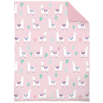 Everything Kids Pink & Mint Llama 4Piece Toddler Bed Set - Comforter, Fitted Bottom Sheet, Flat Top Sheet, Reversible Pillowcase