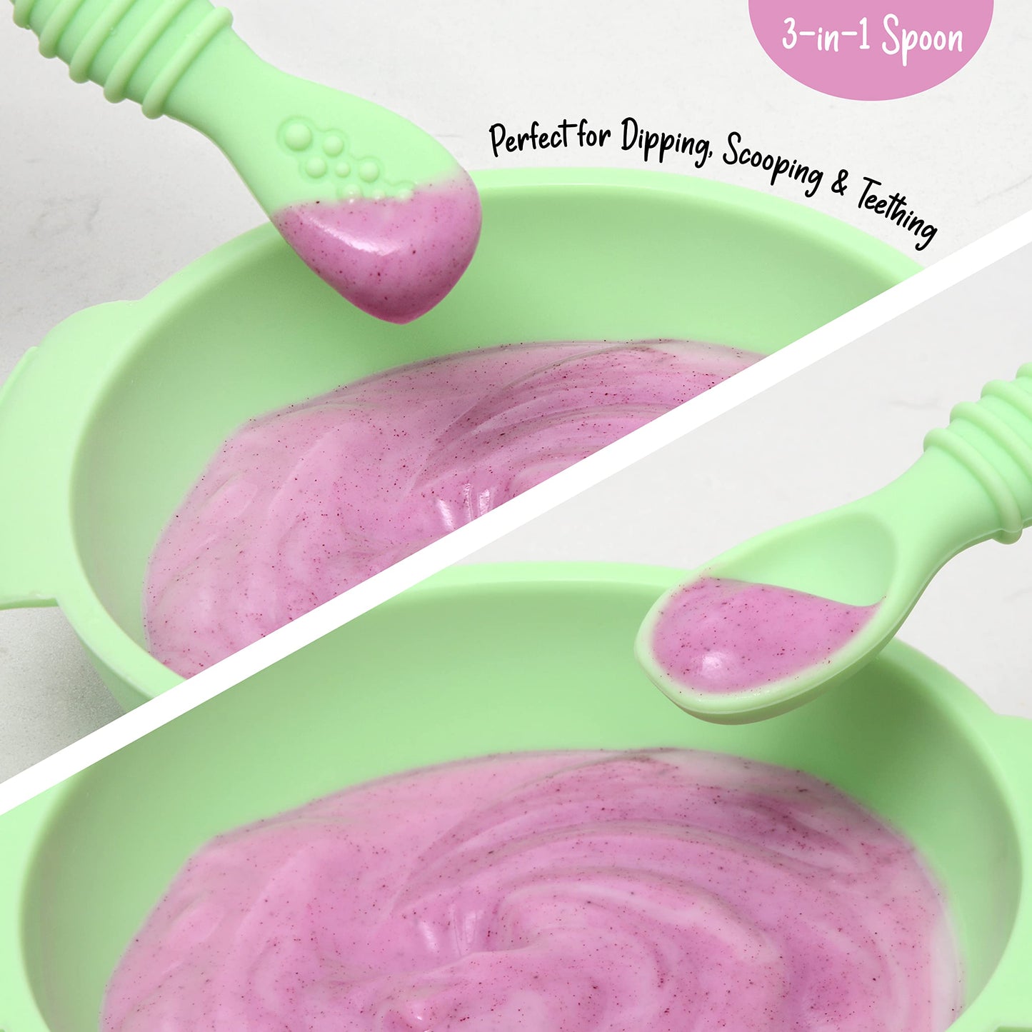 Primastella Unbreakable Silicone Non-Slip Bowl And Chew Spoon Set For Babies And Toddlers (Green)
