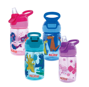 Nuby Kids Flip-It Reflex Push Button On-The-Go Printed Water Bottle With Soft Spout - 12Oz / 360Ml, 18+ Months, 1Pk Print May Va