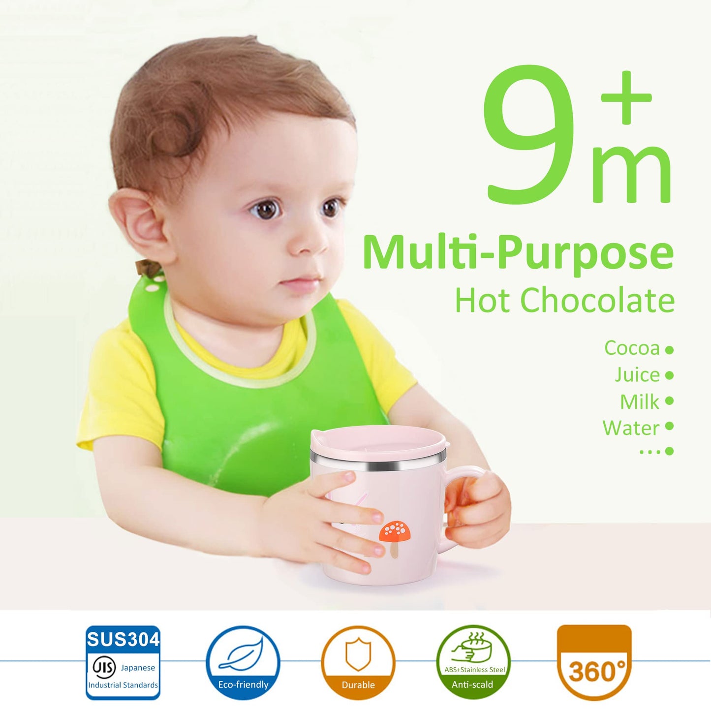 Valueder Kids Baby Toddler Cups Mug Sippy Learning Trainer Cup for Milk Coffee Hot Chocolate Stainless Steel Trainer Straw Cup w