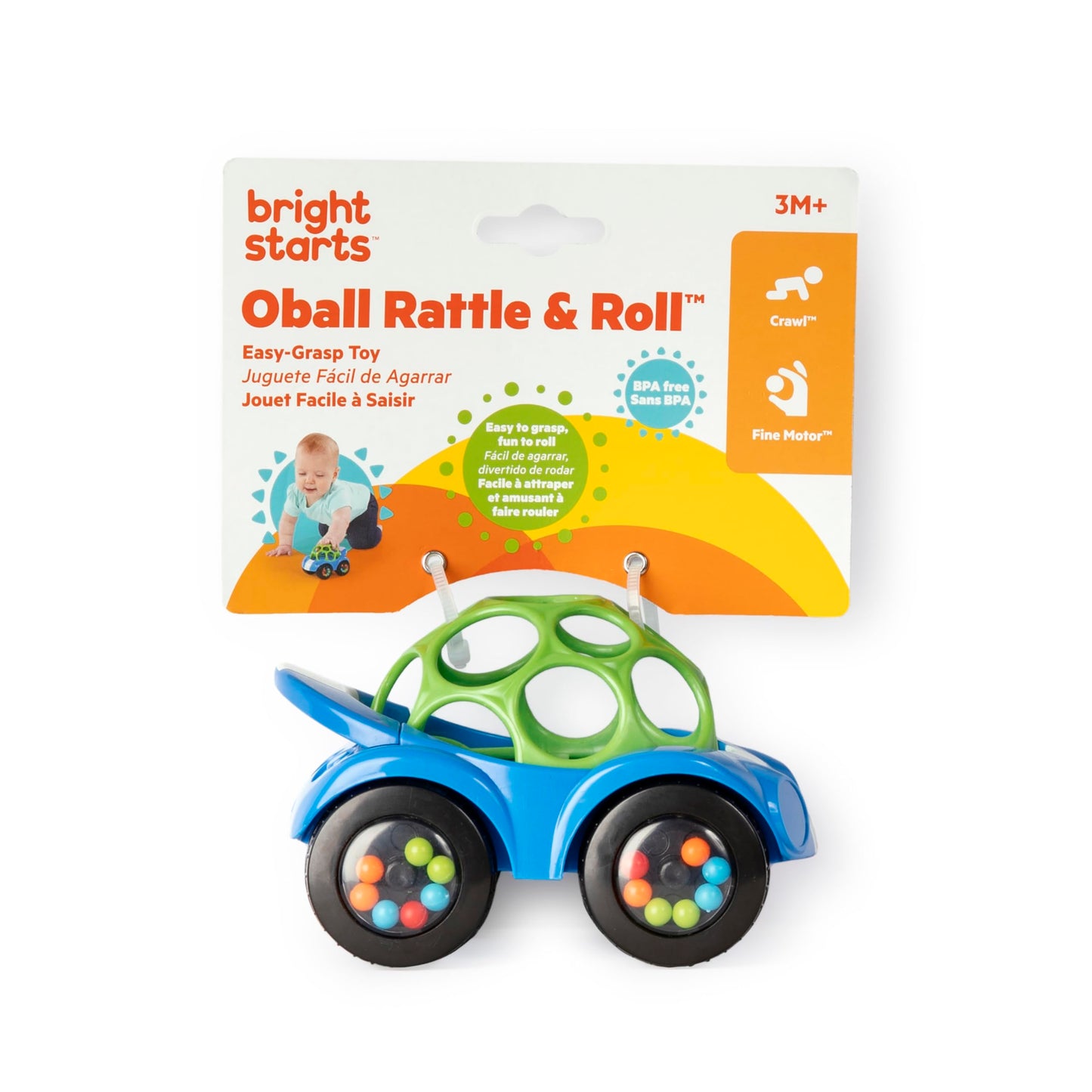 Bright Starts Oball Easy Grasp Rattle & Roll Toy Sports Car BPA-Free Infant Crawling Toy, 1 Pack, Age 3 Months and up, Blue/Gree
