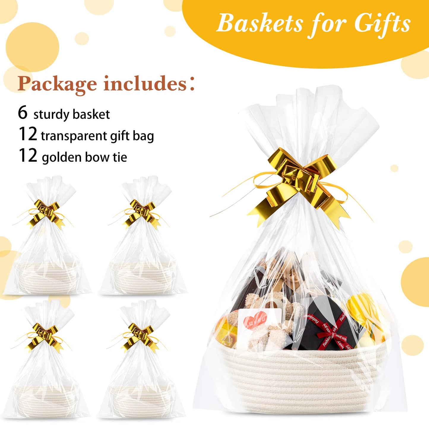 6 Sizes Woven Basket With Gift Bags And Gold Bows, Oval Soft Rope Baskets With Handles Gift Baskets Empty Cotton Baby Toy Storag