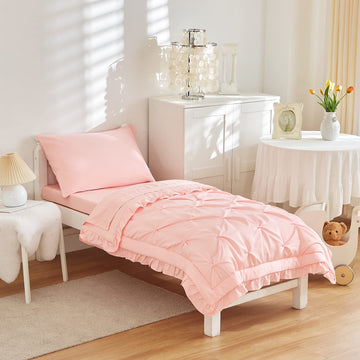 4 Pieces Pinch Pleated Toddler Bedding Set With Ruffle Fringe, Solid Color Pink Unisex Pintuck Toddler Sheet Sets For Baby Girls