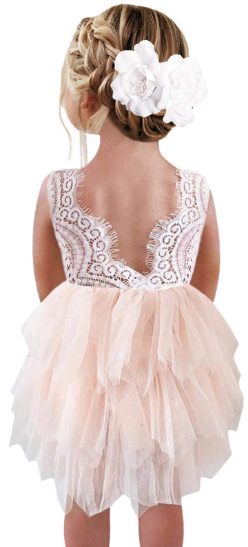 2Bunnies Girl Beaded Peony Lace Back A-Line Tiered Tutu Tulle Flower Girl Dress (Pink Sleeveless Short, 6)