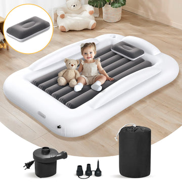Abdtech Inflatable Kids Travel Bed - Portable Comfortable Air Mattress with 3 Sides Safety Bumpers - Blow Up Bed for Camping & T