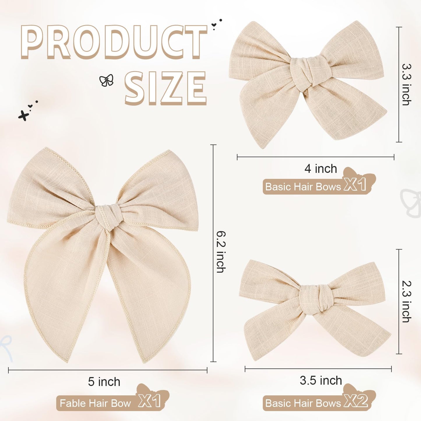 Deeka 4 Pcs White Cotton Linen Hair Bows 3 Styles 5' & 4' Handmade Hair Bow Set For Toddler Girls Alligator Hair Clips Knot Bo
