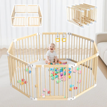 Foldable Wooden Playpen with Door: 8 Panel Adjustable Shape Playpen for Babies and Toddlers - 57x57x25 Large Kids Safety Activit