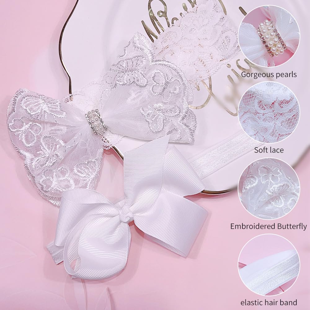 Nishine 2 Pack Baptism White Newborn Bowknot Headbands Baby Christening Hair Bows Headwrap Toddler Hairband (Bowknot -2 Pack)
