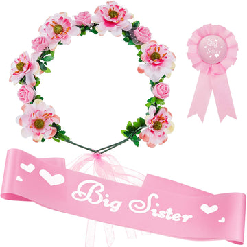 Willbond 3 Pcs Big Sister Accessory Set Big Sister Flower Crown Satin Sash Pin Big Sister Gifts For Baby Shower Party(Pink)