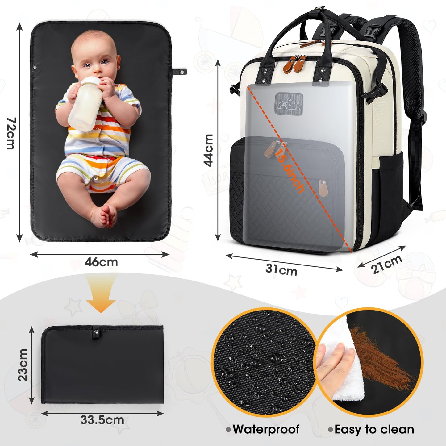 Rainsmore Diaper Bag Backpack, Large Waterproof Baby Bag With Changing Pad, Detachable Crossbody Bag & Stroller Straps Travel Di
