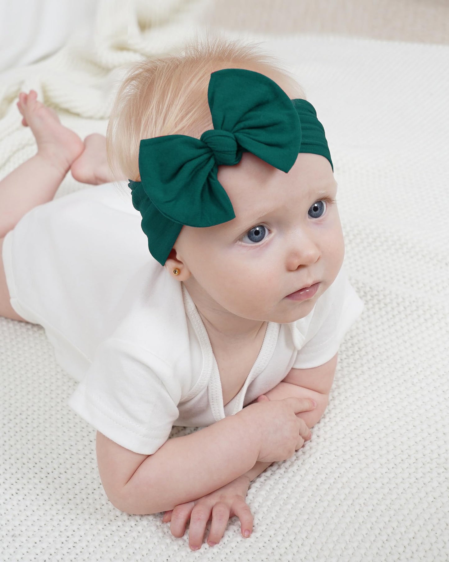 Jollybows 3Pcs Baby Nylon Headbands Hairbands Hair Bow Elastics For Baby Girls Newborn Infant Toddlers Kids (10-White+Green+Plai